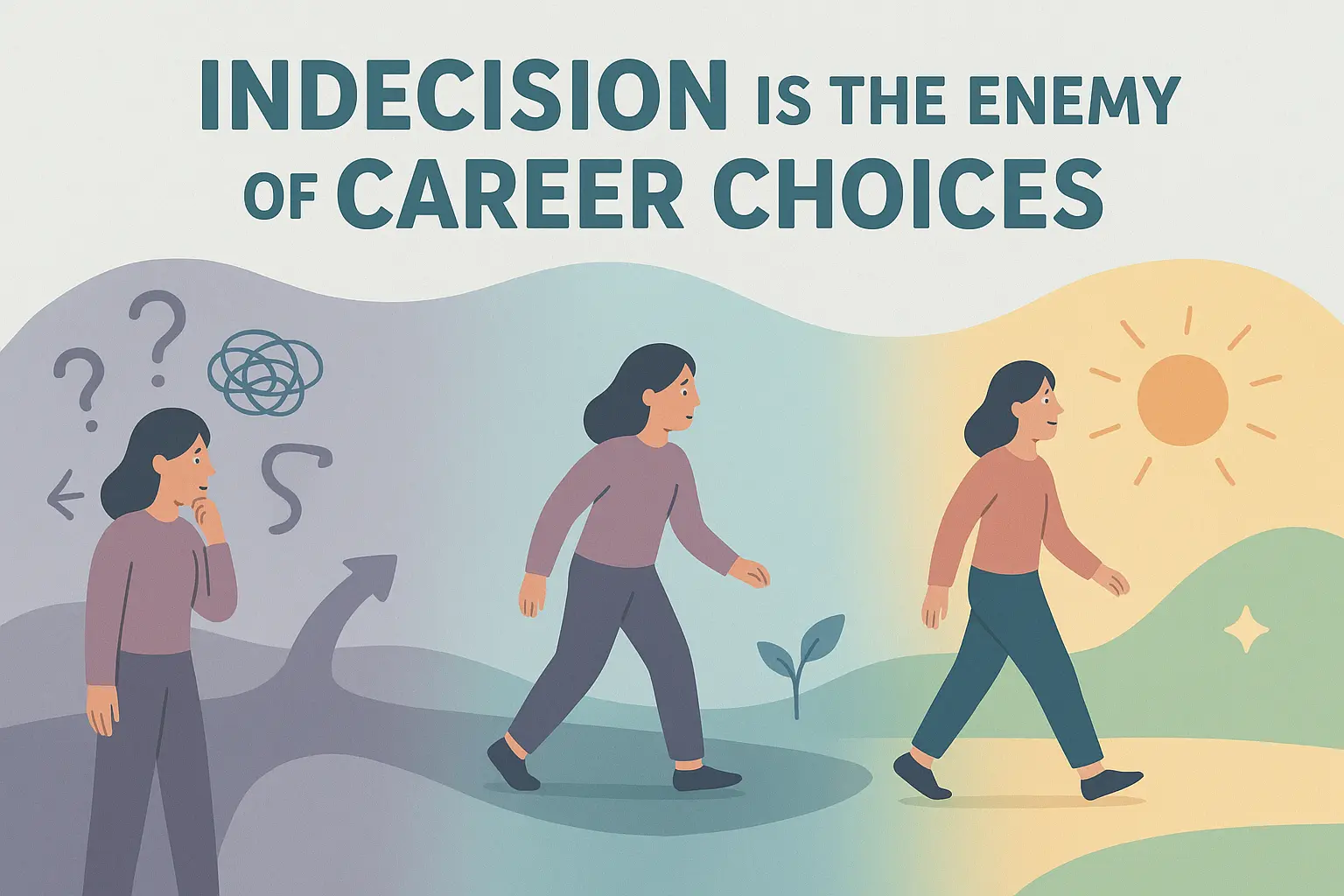 Graphic image with a woman walking from a dark area into a lighter area.